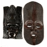 TRIBAL ART. TWO AFRICAN CARVED HARDWOOD MASKS, 56 X 28CM AND SMALLER