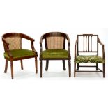 A PAIR OF VICTORIAN MAHOGANY ELBOW CHAIRS AND A SIMILAR ASH ELBOW CHAIR