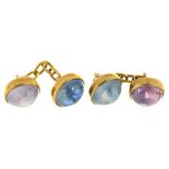 A PAIR OF STAR SAPPHIRE CUFFLINKS, SAPPHIRE CABOCHONS APPROX 11 X 9MM, IN GOLD, UNMARKED, 9.35G++