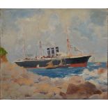 PERCY C. BOVILL, LINER AT SEA, SIGNED, OIL ON BOARD, UNFRAMED, 25 X 29CM