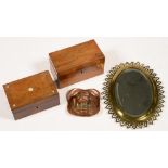 AN ART NOUVEAU COPPER AND MOUNTED GLASS INKWELL, A PIERCED BRASS MIRROR WITH BEVELLED PLATE, 31CM H,