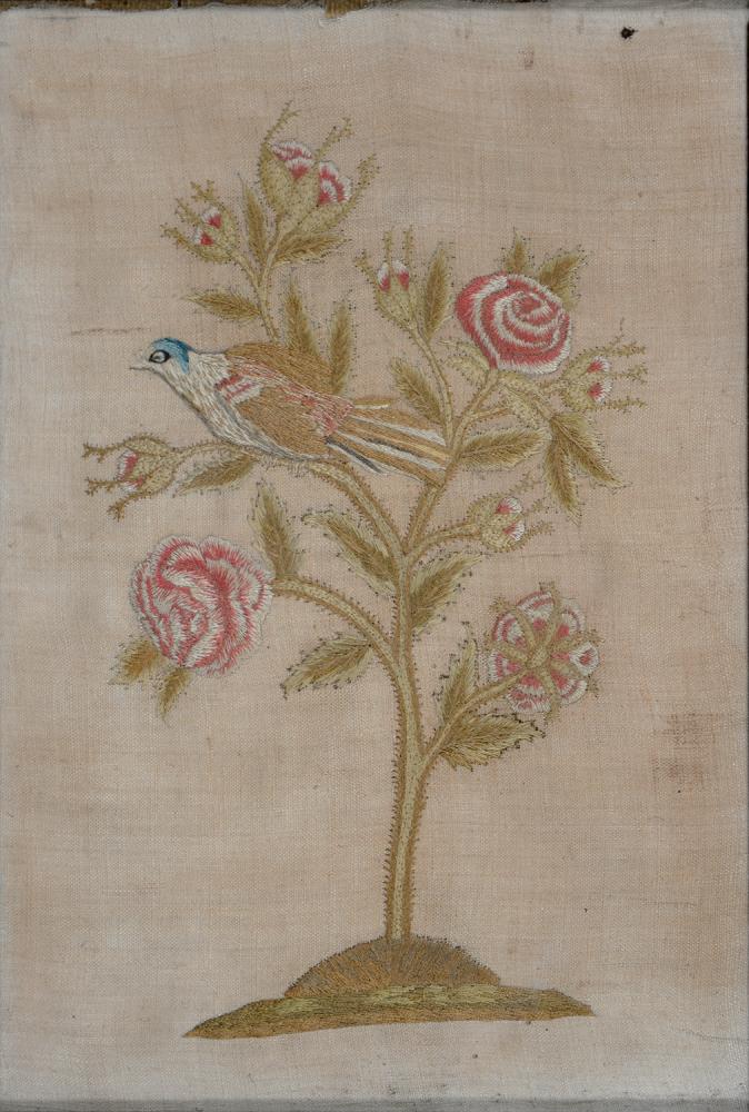 A REGENCY EMBROIDERY OF A BIRD IN A TREE IN CONTEMPORARY FRAME, 29 X 20CM