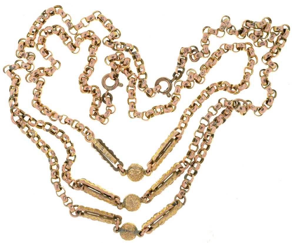 A VICTORIAN GOLD CHAIN, 42CM L, AND ANOTHER, 34 CM L, AND A LENGTH OF SIMILAR CHAIN, 15G++ADAPTED, - Bild 2 aus 2