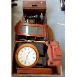 A 1930'S OAK WALL CLOCK, A JONES SEWING MACHINE AND MISCELLANEOUS REPRODUCTION WALL CLOCKS, ETC