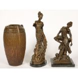 TWO BRONZED STATUETTES OF LADIES AND A GOLD PAINTED STONEWARE VASE, 42CM H AND SMALLER