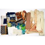 A COLLECTION OF FRENCH SILK AND OTHER SCARVES AND GLOVES, ETC, INCLUDING HERMES AND JACQMAR