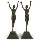 A PAIR OF ART DECO STYLE BRONZED METAL FIGURES OF FEMALE DANCERS ON MARBLE BASE, AFTER D H CHIPARUS,