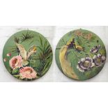 A PAIR OF PAINTED AND JAPANNED METAL WALL PLAQUES, DECORATED WITH BIRDS AND FLOWERS, EARLY 20TH C,