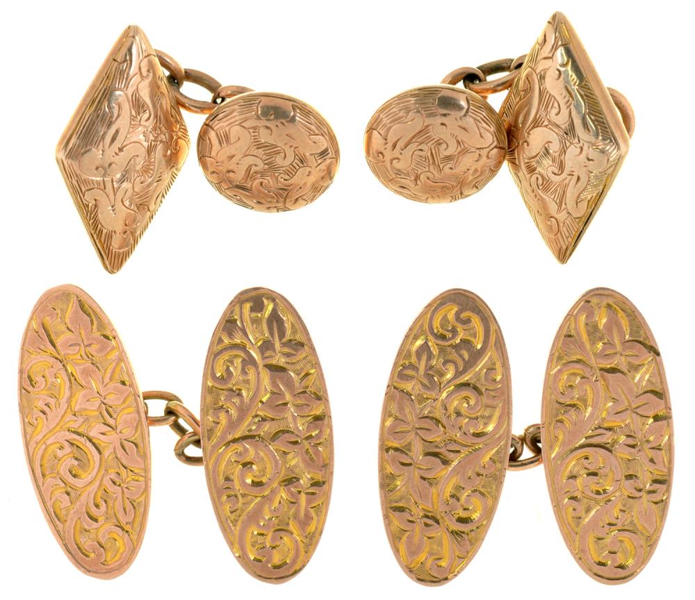 A PAIR OF EDWARDIAN ENGRAVED DIAMOND SHAPED CUFFLINKS IN GOLD MARKED 10CT, AND A PAIR OF ENGRAVED