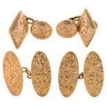 A PAIR OF EDWARDIAN ENGRAVED DIAMOND SHAPED CUFFLINKS IN GOLD MARKED 10CT, AND A PAIR OF ENGRAVED