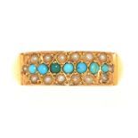 A VICTORIAN TURQUOISE AND PEARL RING, IN 15CT GOLD, CHESTER 1889, 2G, SIZE O++IN GOOD CONDITION WITH