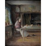 20TH C SCHOOL, LADY SEATED IN AN INTERIOR, INDISTINCTLY SIGNED, OIL ON CANVAS, 43 X 33CM