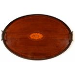 AN EDWARDIAN INLAID MAHOGANY GALLERY TEA TRAY WITH BRASS HANDLES, 59CM W