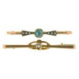 AN ART NOUVEAU PEARL BAR BROOCH, IN GOLD MARKED 9 CT AND A ZIRCON AND PEARL BAR BROOCH IN GOLD