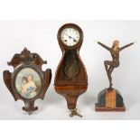 AN ART DECO STYLE FIGURE OF A FEMALE DANCER ON SLATE BASE, 36CM H, A FRENCH ROSEWOOD WALL CLOCK WITH