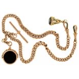 A VICTORIAN 9CT GOLD ALBERT, WITH SMOKY QUARTZ PENDANT AND ONYX FOB, LINKS INDIVIDUALLY MARKED, 53.