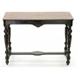 A VICTORIAN BURR WALNUT, EBONISED AND INLAID SIDE TABLE WITH QUARTER VENEERED TOP, ON STRETCHER