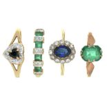 A GREEN TOURMALINE RING IN GOLD MARKED 9CT GOLD AND THREE OTHER GEM SET GOLD RINGS, SIZES N - R, 6.