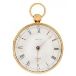 AN ENGLISH 18CT GOLD CYLINDER WATCH, VULLIAMY LONDON, code a c a o, with enamel dial, gold hands,