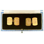 A PAIR OF MONOGRAMMED GOLD CUFFLINKS, MARKED 9CT, IN FITTED CASE OF E J MORGAN, ABERYSTWYTH, 5G++