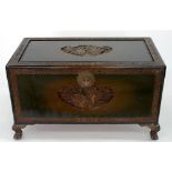 A CHINESE CARVED CAMPHOR WOOD CHEST ON PAW FEET, THE INTERIOR FITTED WITH A TRAY, 60CM H; 102 X 56CM