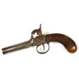 AN ENGLISH 50 BORE BOX LOCK PERCUSSION PISTOL WITH TURN OFF BARREL AND CHEQUERED WALNUT STOCK, EARLY