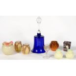 MISCELLANEOUS COLOURED AND OTHER GLASSWARE, INCLUDING A BLUE GLASS BELL, A VICTORIAN PRESS MOULDED