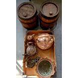 A PAIR OF IRON MOUNTED OAK BARRELS AND MISCELLANEOUS COPPER AND OTHER METALWARE, VICTORIAN AND LATER