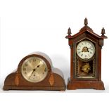 AN OAK MANTLE CLOCK, 38CM W, C1930 AND ANOTHER