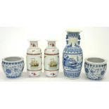 CHINESE CERAMICS. A BLUE AND WHITE EARTHENWARE VASE, 78CM H, A PAIR OF VASES PAINTED WITH SHIPS