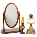 A MAHOGANY DRESSING MIRROR, 50CM H, A GILTMETAL MOUNTED OIL LAMP BASE AND ANOTHER