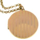 A 9CT GOLD ENGINE TURNED LOCKET, BIRMINGHAM 1918, ON VICTORIAN GOLD CHAIN MARKED 9CT, 17G++LIGHT