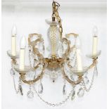 A FIVE BRANCH GLASS CHANDELIER IN A VICTORIAN STYLE, FOUR VARIOUS CHANDELIERS, INCLUDING A PAIR