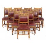 A SET OF TEN VICTORIAN OAK DINING CHAIRS BY PLUCKNETT & STEEVENS, C1880-1885, the padded back with