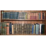 TWO SHELVES OF MISCELLANEOUS BOOKS AND LEATHER BINDINGS, INCLUDING THE ROYAL SHAKESPEARE, 3 VOLS,