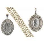TWO CHASED SILVER LOCKETS AND A CURB LINK SILVER CHAIN, 169G++LIGHT WEAR CONSISTENT WITH AGE