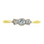 A THREE STONE DIAMOND RING, IN GOLD MARKED 18CT PLAT, SIZE Q, 1.5G++LIGHT WEAR CONSISTENT WITH AGE