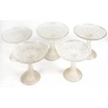 A SET OF FIVE VICTORIAN PARTLY FROSTED MOULDED GLASS TAZZE IN TWO SIZES, 18CM H AND SMALLER, C1870