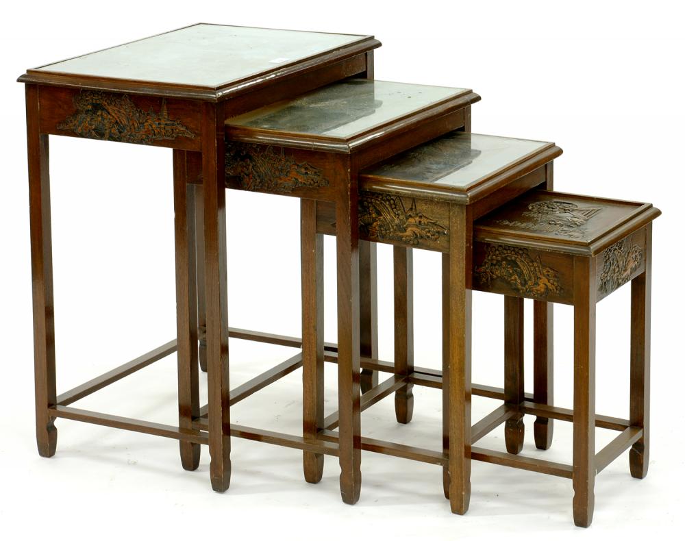 A CHINESE CARVED HARDWOOD NEST OF FOUR TABLES, EARLY 20TH C, 67CM H AND SMALLER