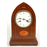 AN INLAID MAHOGANY LANCET ARCHED MANTEL CLOCK WITH ENAMEL DIAL AND GERMAN GONG STRIKING MOVEMENT,