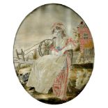 A REGENCY SILK NEEDLEWORK PICTURE OF A LADY AT A SPINNING WHEEL, OVAL, 19 X 16CM