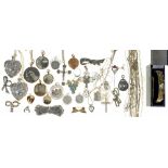 THREE MARCASITE BOW BROOCHES, SEVEN GILT METAL LOCKETS, A SILVER GILT BANGLE, MISCELLANEOUS SILVER