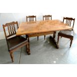 A PARQUETRY TOPPED OAK DINING TABLE, 72CM H; 152 X 91CM AND A SET OF FOUR CARVED OAK DINING CHAIRS