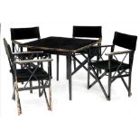 A 1930'S BLACK AND GOLD PAINTED BRIDGE TABLE AND SET OF FOUR FOLDING CHAIRS EN SUITE