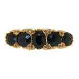 A FIVE STONE SAPPHIRE RING, THE OVAL SAPPHIRES APPROX 2CT, IN 9CT GOLD, BIRMINGHAM 1994, SIZE M, 4.