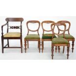 A SET OF FOUR VICTORIAN MAHOGANY DINING CHAIRS ON TURNED LEGS AND A VICTORIAN MAHOGANY ELBOW CHAIR