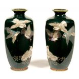 A PAIR OF JAPANESE MINIATURE HEXAGONAL DARK GREEN GROUND CLOISONNÈ ENAMEL VASES, DECORATED WITH FOUR