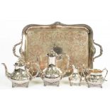 A VICTORIAN ELECTROPLATED TEA AND COFFEE SERVICE AND A PLATED TRAY, COFFEE POT 24 CM H, TRAY 59 CM