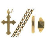 TWO 9CT GOLD RINGS, A GOLD CHAIN MARKED 9C AND A 9CT GOLD PENDANT CROSS ON CHAIN, 9G++CHAIN