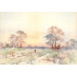 H. G. WOODS, NOVEMBER SUNSET SUFFOLK, SIGNED, WATERCOLOUR, 25 X 37CM